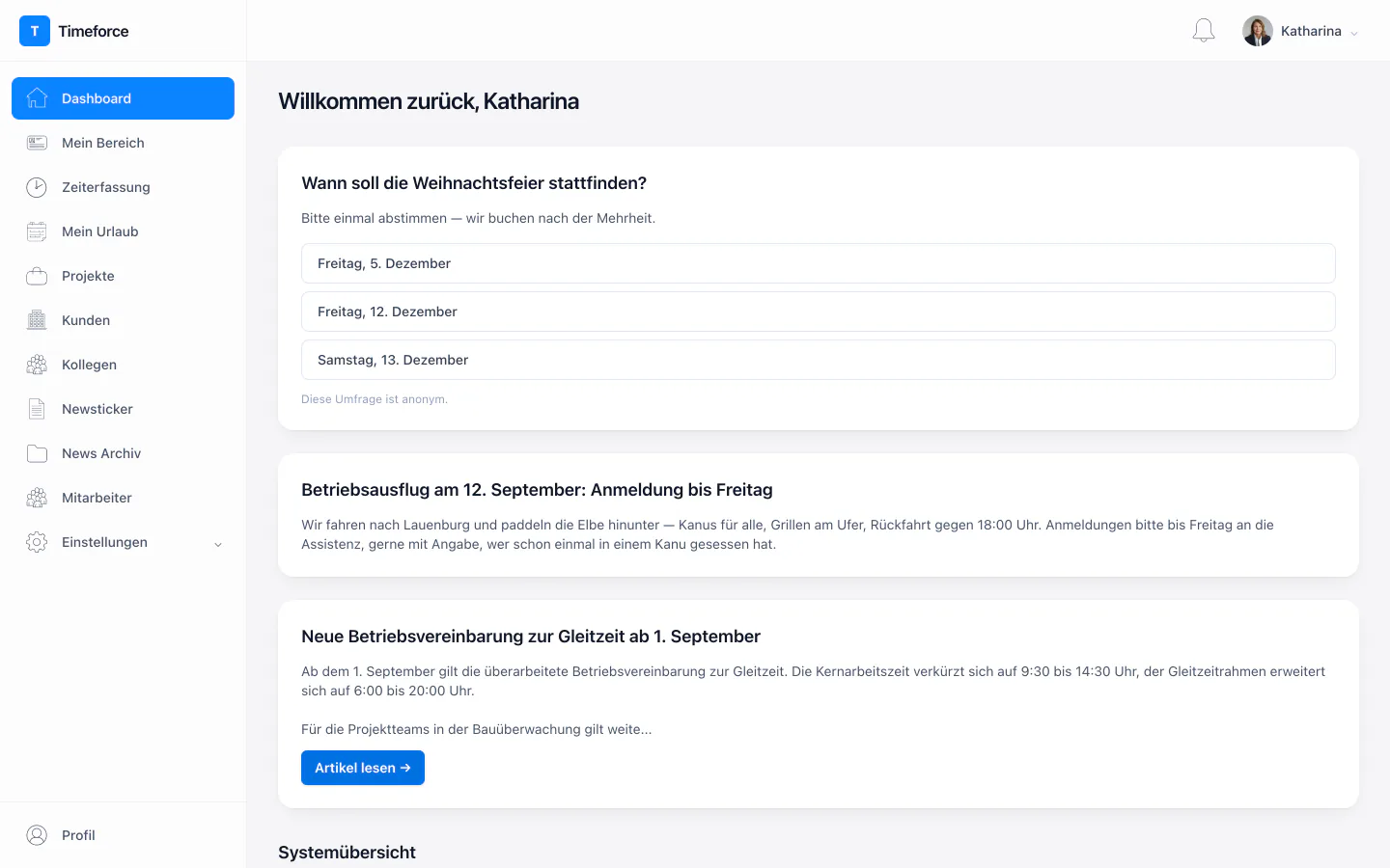 Das Timeforce-Dashboard mit Mitteilungen, Umfrage und Systemübersicht