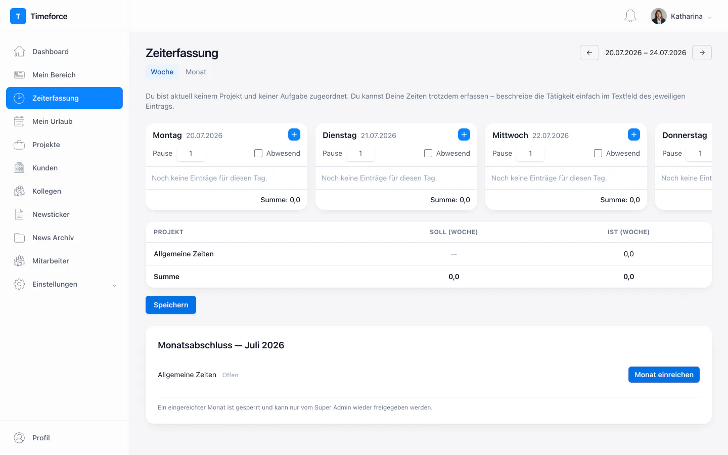 Zeiterfassung mit Tagesabschnitten und Einträgen je Projekt