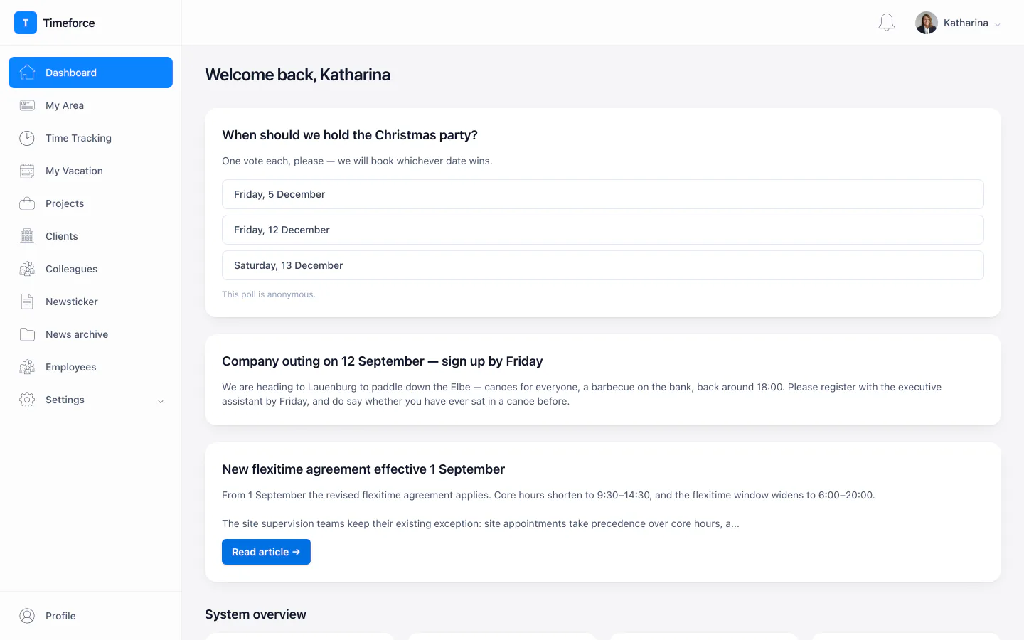 The Timeforce dashboard showing announcements, a poll and the system overview