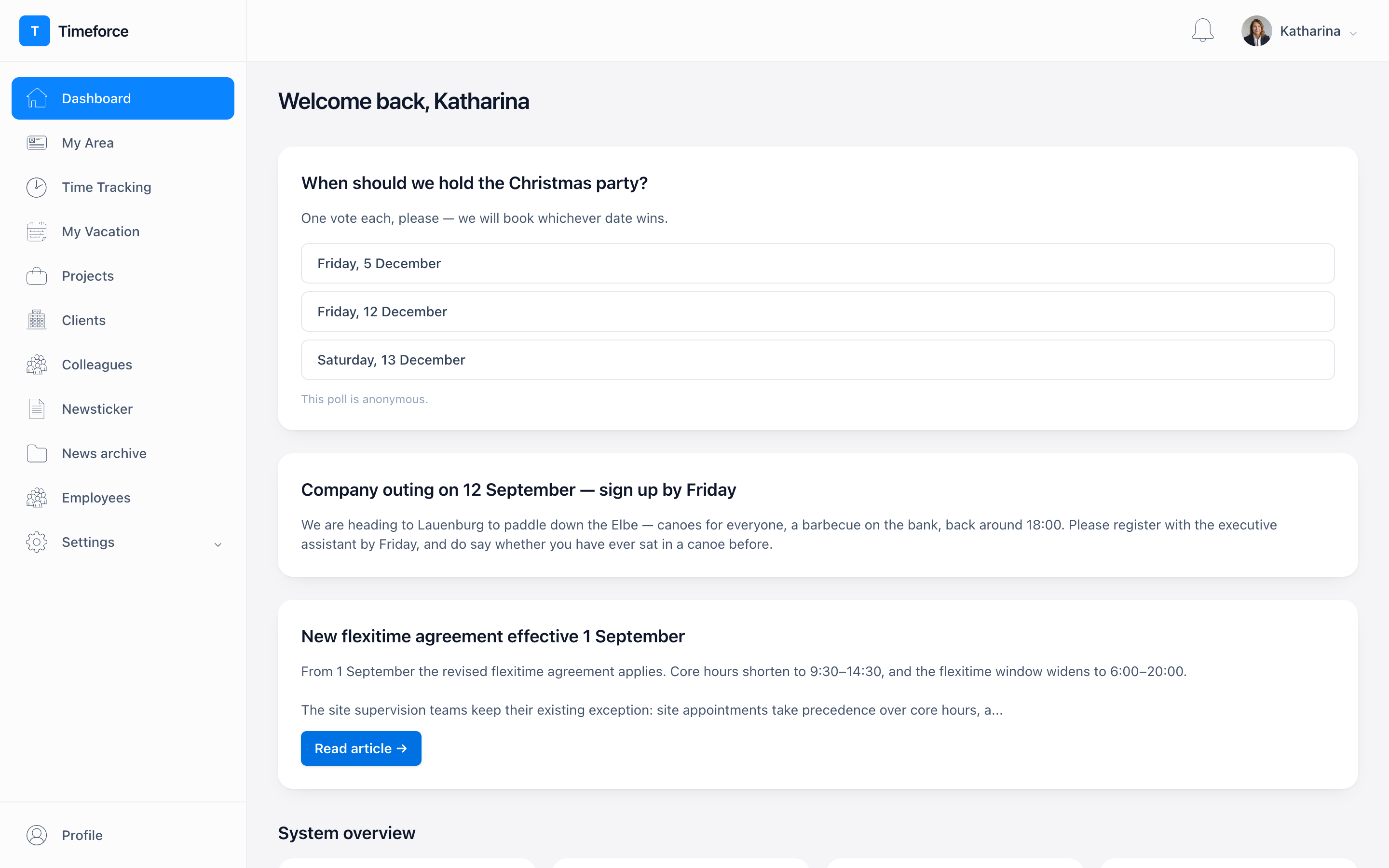 The Timeforce dashboard showing announcements, a poll and the system overview