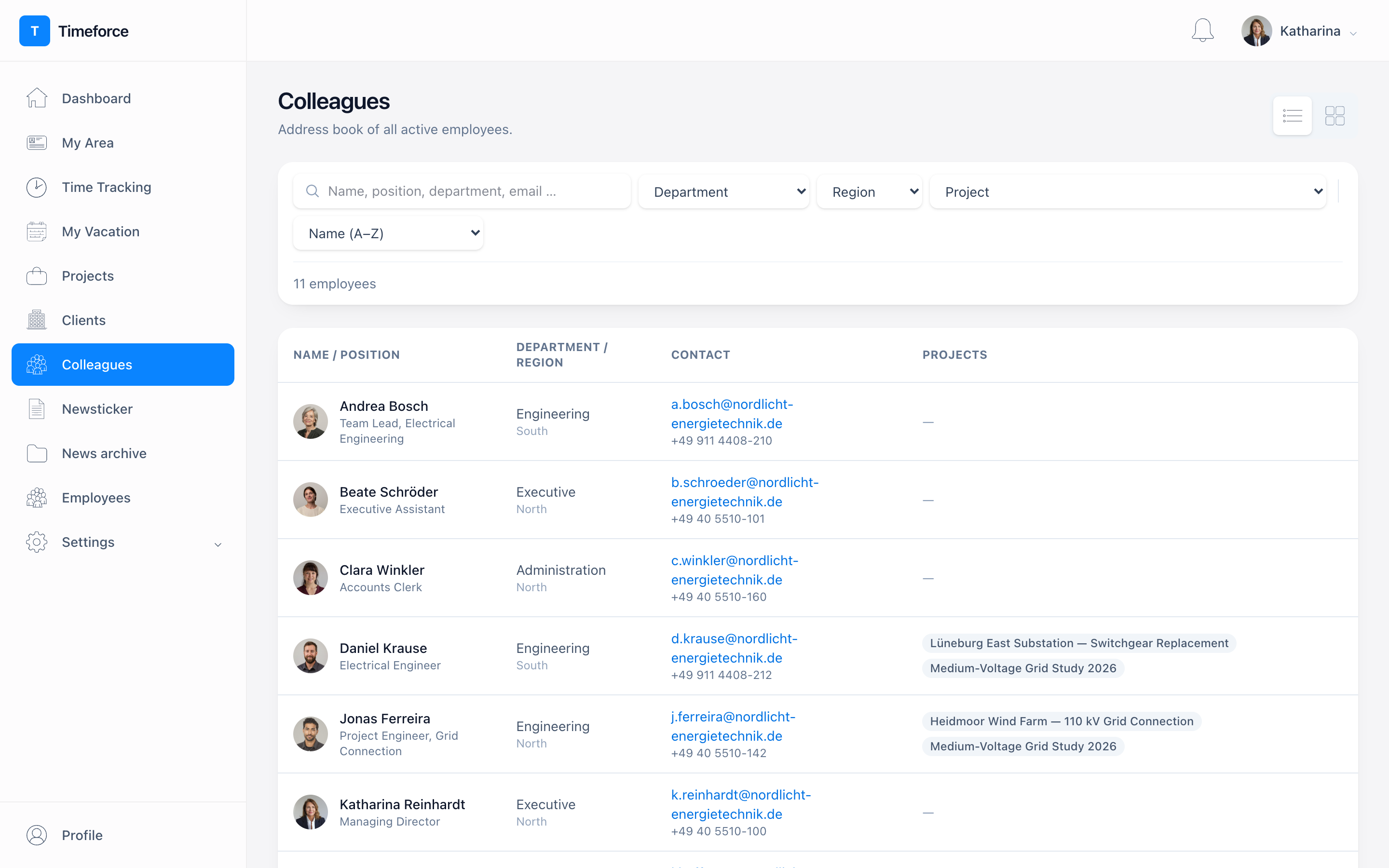 Colleague directory with portraits, department, contact details and projects