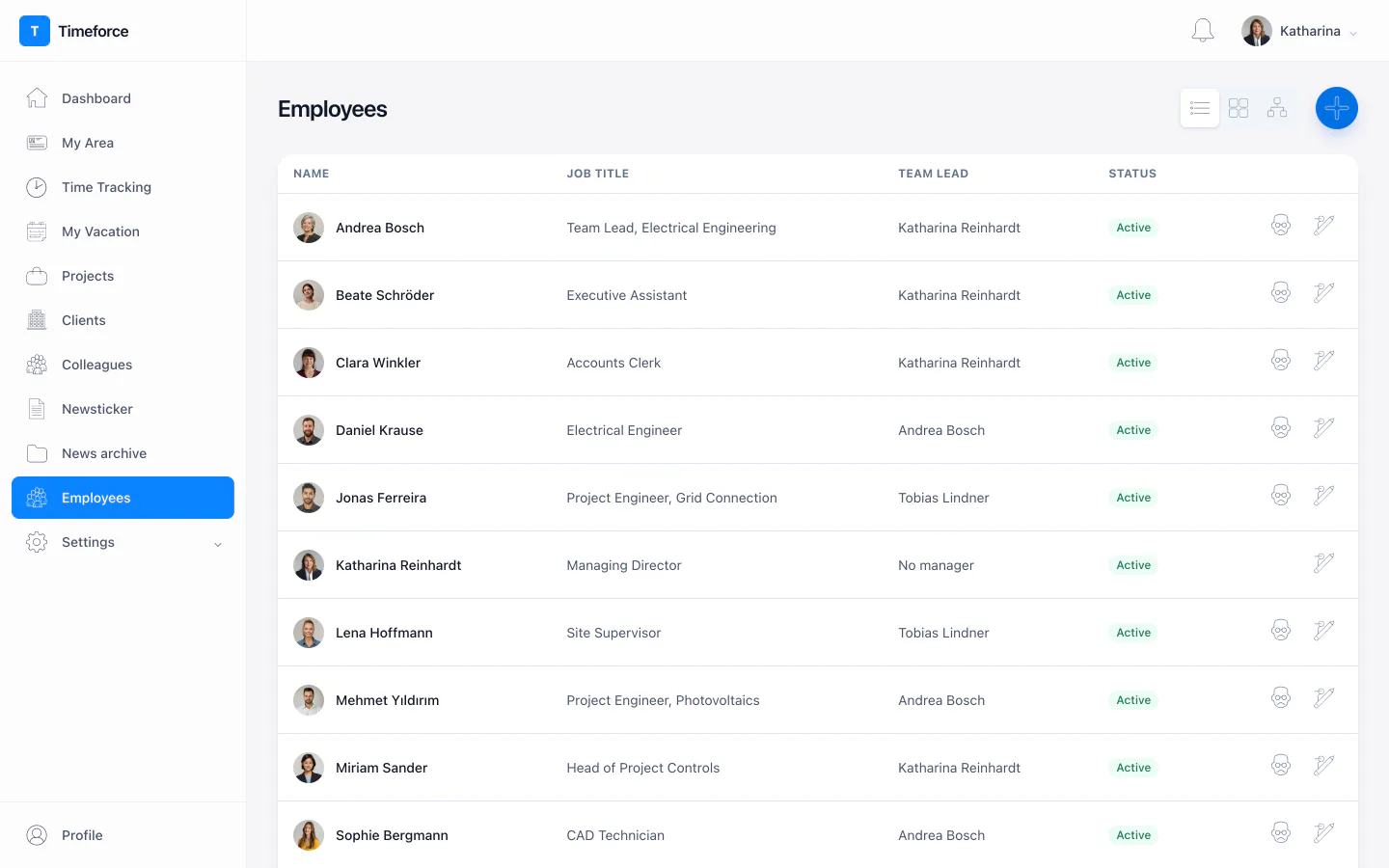 Employee directory with roles and team assignment
