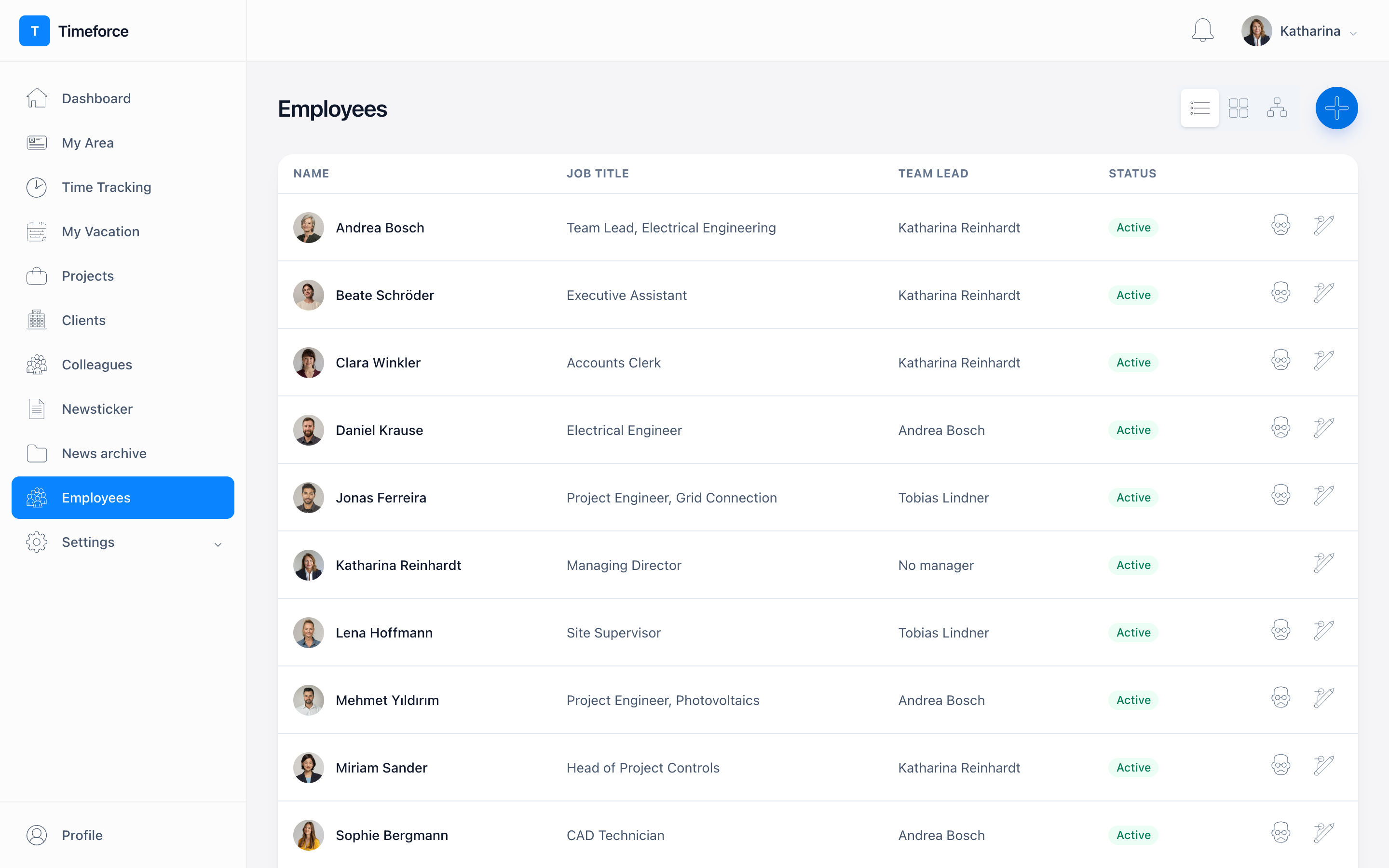 Employee directory with roles and team assignment