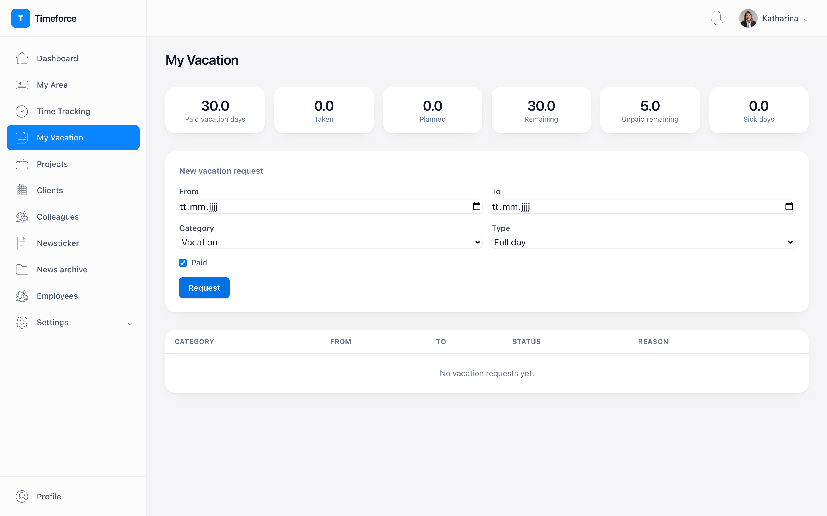 Leave overview with balances and pending requests