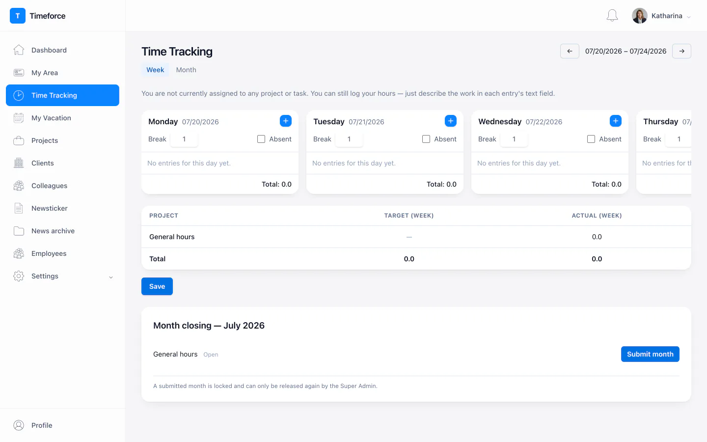 Time tracking with day sections and entries per project