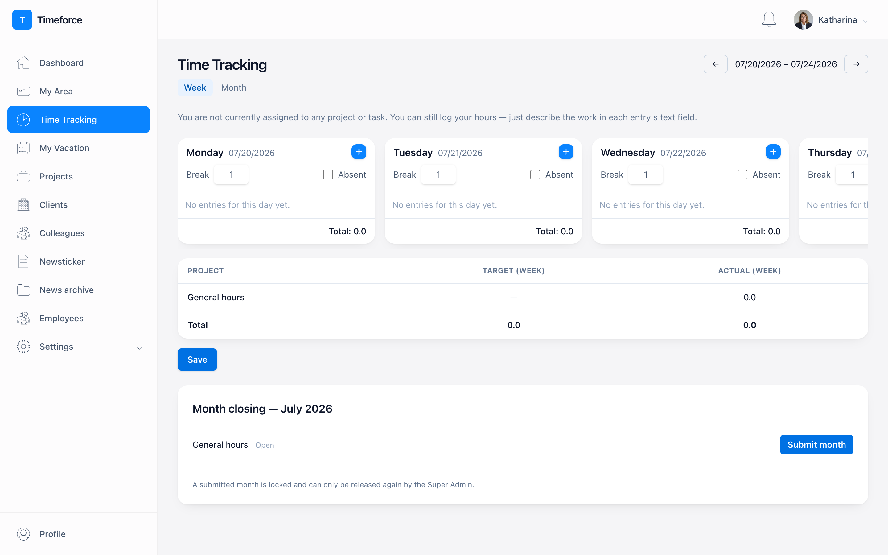 Time tracking with day sections and entries per project